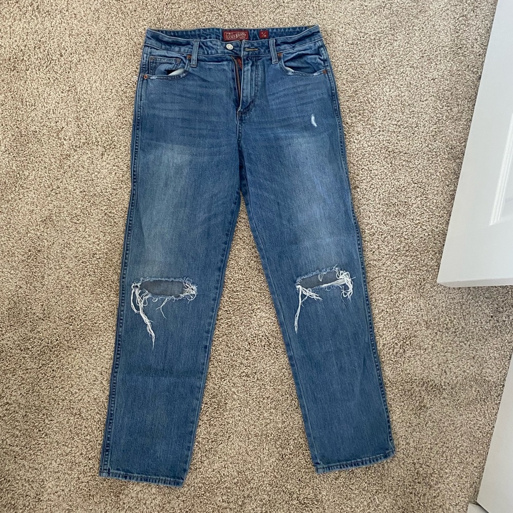 Distressed straight leg jeans